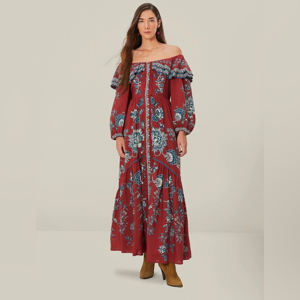 New Farm Rio Long-Sleeve Off-The-Shoulder Ruffled Maxi Dress Size XS NWT